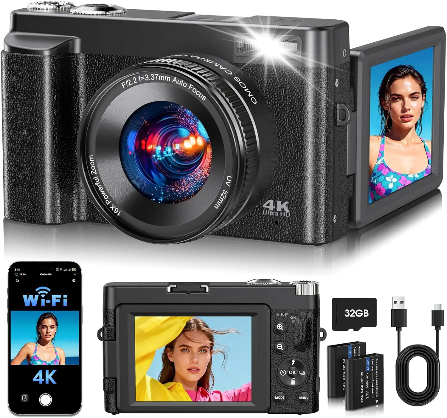 4K WiFi Vlogging Camera with Flip Screen, 64MP Autofocus Anti-Shake, 16X Zoom, Compact Travel, Includes 32GB Card & 2 Batteries