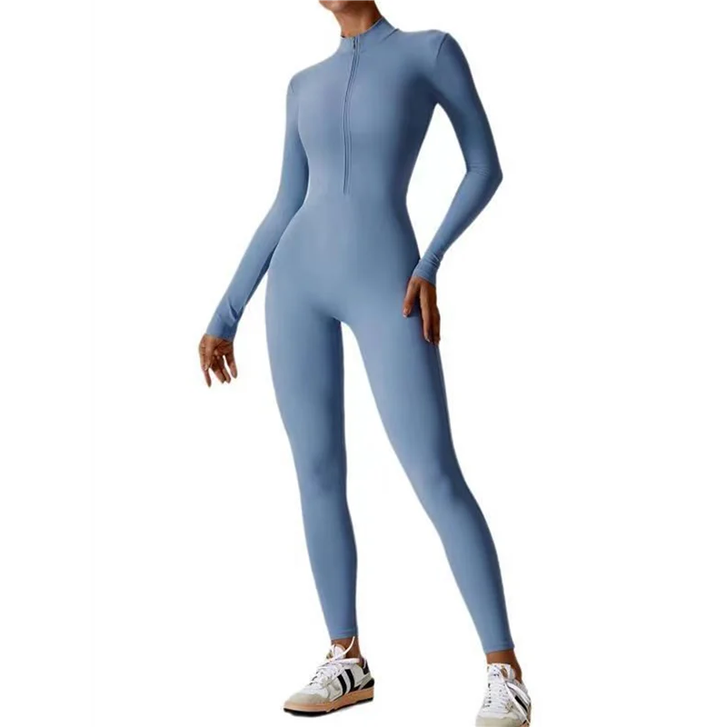 

A83F-Women Long Sleeve Workout Jumpsuit Zip Up Romper Bottom Pants Bodysuit Bodycon Light Blue-Long L