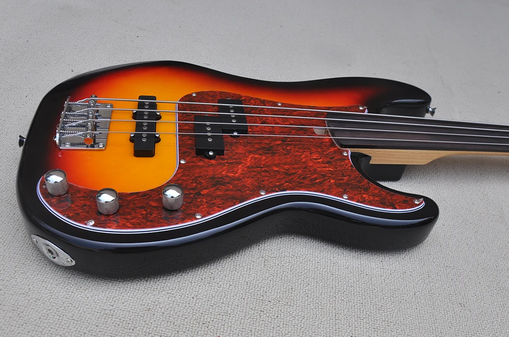 Fretless 4 Strings Tobacco Sunburst Electric Bass Guitar with Rosewood Fretboard,Customizable