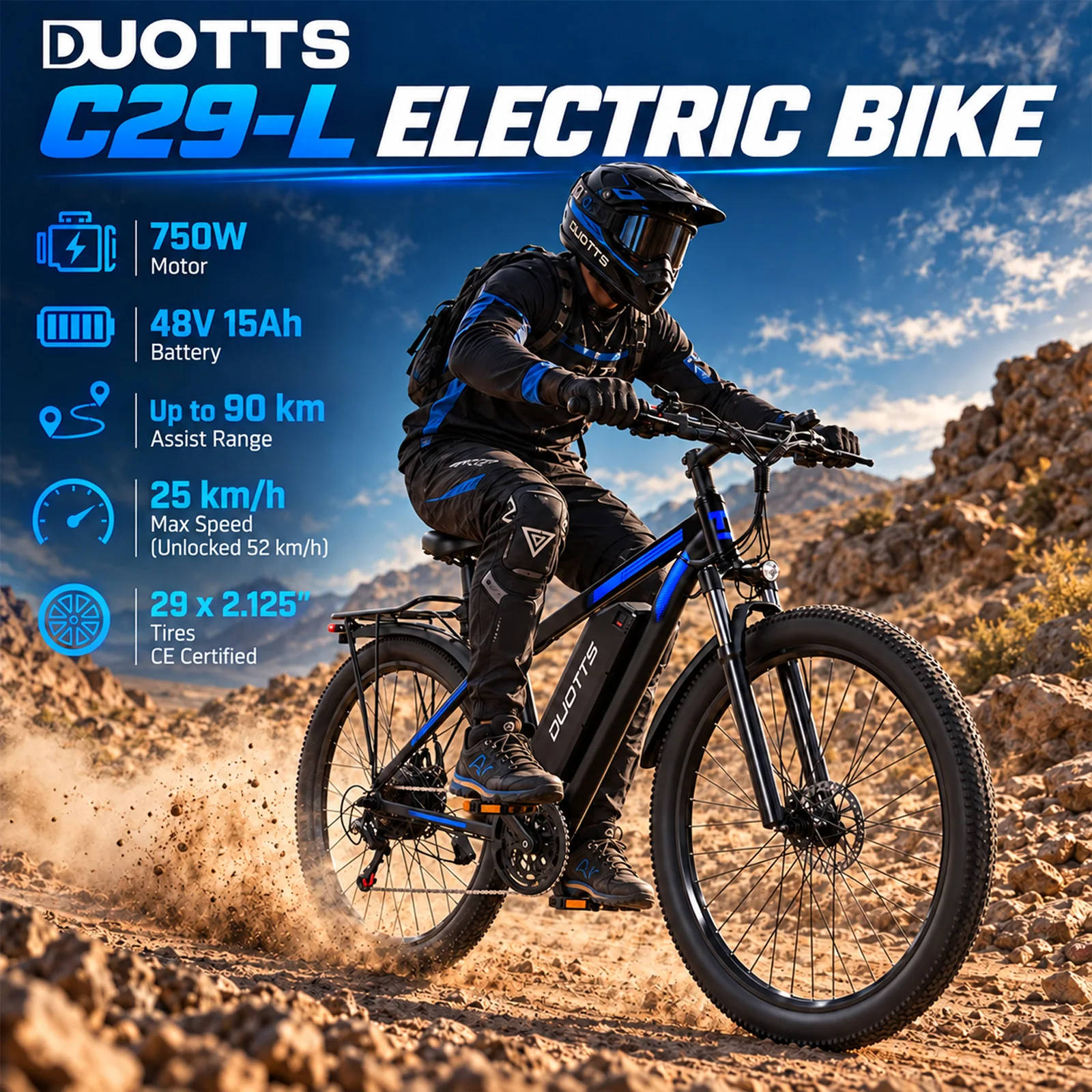 DUOTTS C29-L, bici elettrica per adulti, motore 750W, batteria 48V 15Ah, controllo APP, doppi freni idraulici, pneumatici 29 pollici, 21 velocità, e-bike da città e mountain bike per pendolari