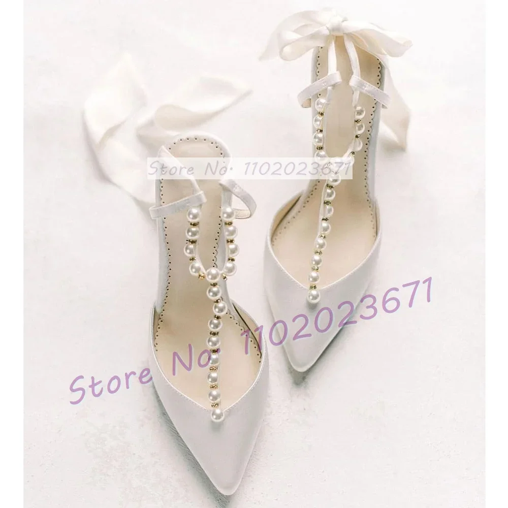 

Pearl T Strap White Silk Sandals With Ankle Wrap Bowknot Women Stylish Classy Pointed Toe Wedding Thin Mid Heels Ribbon Sandals