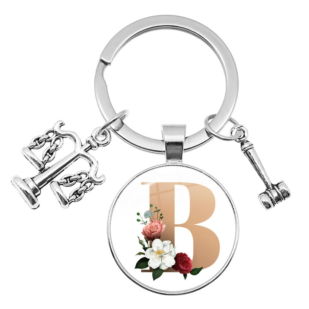 26 English Letters Flower Round Glass Lawyer Key Chain Fashion Charm Unisex Style Jewelry Gifts For Men And Women