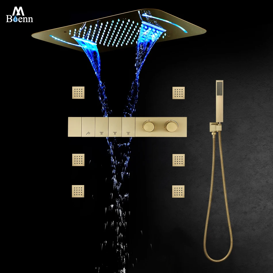 M Boenn Brushed Gold Shower Massage System Set with Concealed Thermostat Mixer Bathroom Faucet Ceiling Waterfall LED Shower Head