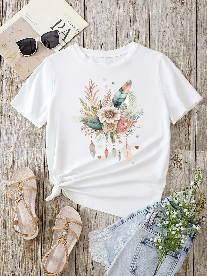 Flower Feather Print T-shirt Casual T-shirt Summer Women Clothing 2024 Fashion Shirt Butterfly Print Crew Neck Short Sleeve Tee