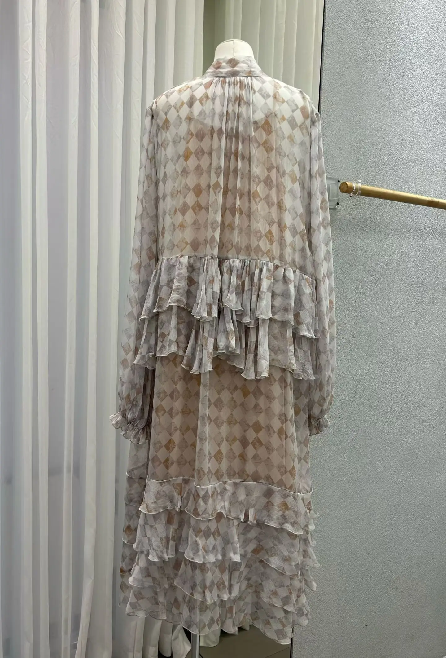 Vestido maxi em camadas feminino com gola de renda manga comprida solto roupão xadrez feminino