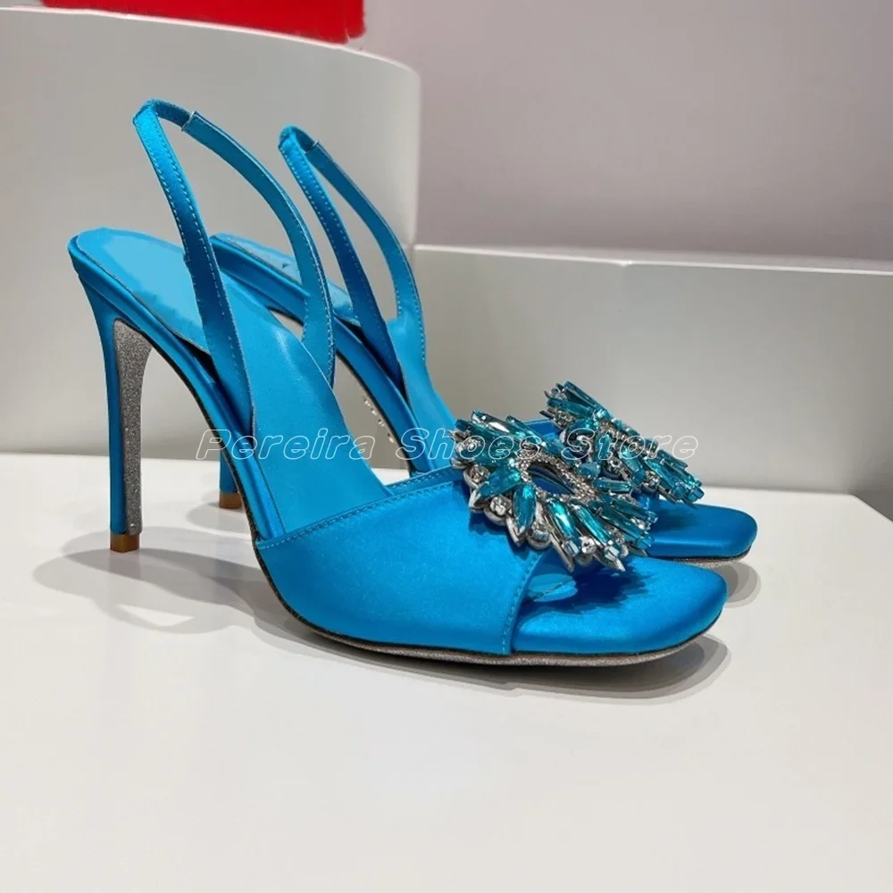 Blue Glittering Rhinestone Flower Sandals Stiletto Open Toe Sexy Ladies Dress Party Shoes 2024 Women Shoes New Trend
