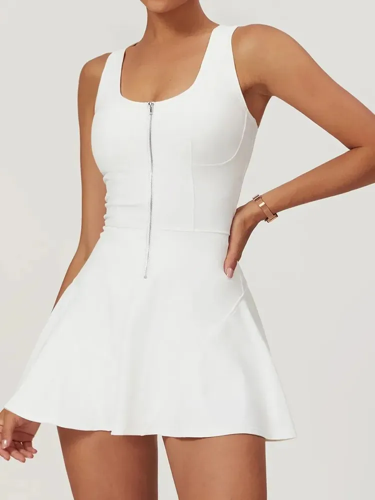 

Novelty Half Zipper Nude Anti-exposure Sleeveless Sports Dress For Women Summer New Outdoor Running Fitness Tennis Skirt
