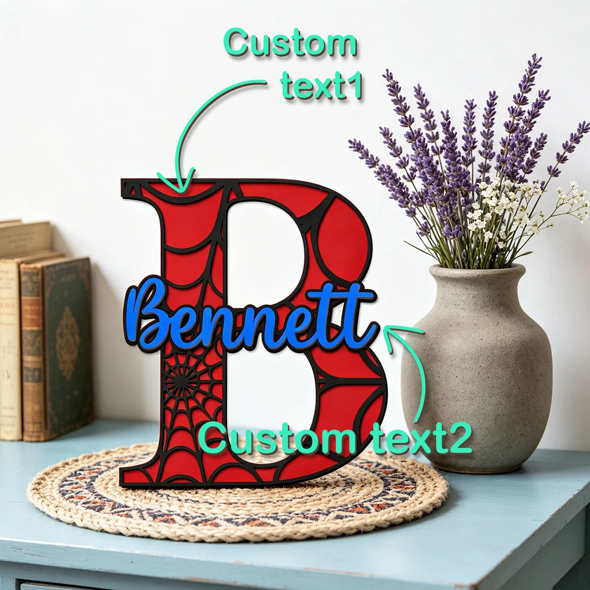1pc Custom Spider Web Initial Wooden Name Sign Personalized Two Texts Desktop Wall Decor Souvenir Gift