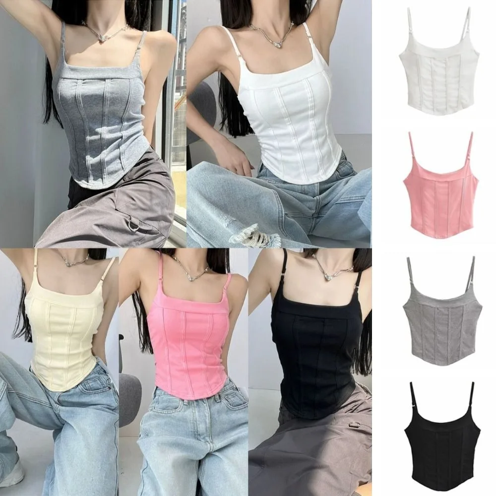 

Fashion with Padded Women Vest Beauty Back Solid Color Slim Crop Top Spicy Girl Style Cotton Halter Tank Top Summer