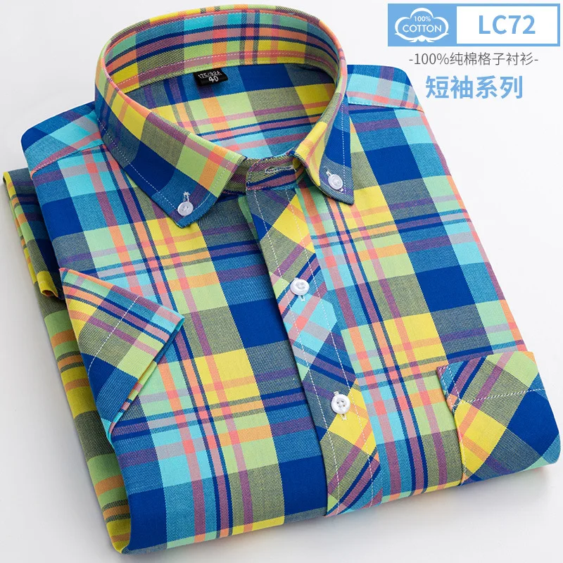 100% cotton 6XL short-sleeved men\'s shirt Summer thin business casual high quality fashion plaid free perm breathable