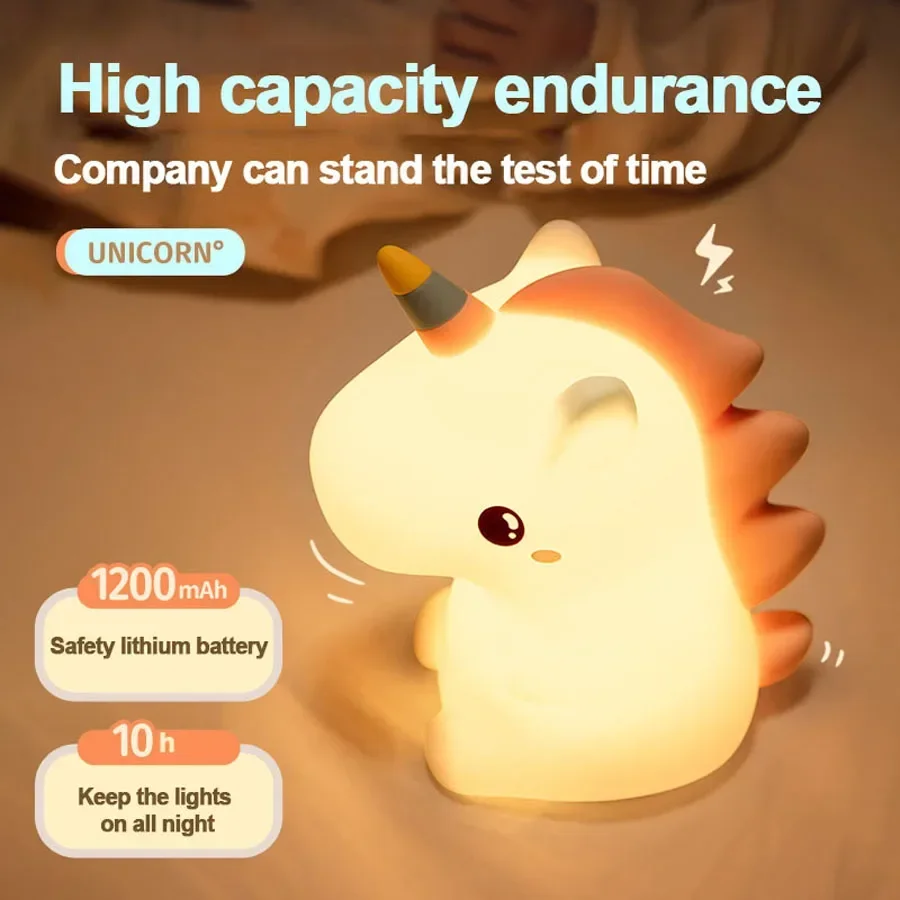 유니콘 귀여운 실리콘 LED 밤 빛 어린이위한 어린이 USB 충전식 만화 동물 침실 장식 터치 밤 램프 선물