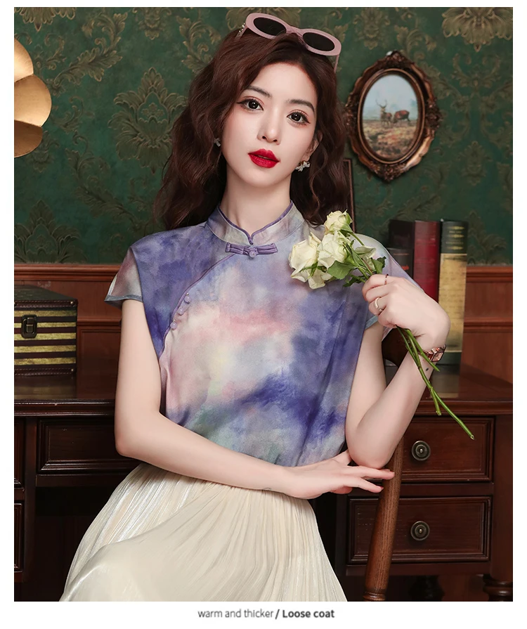 Chiffon Damen hemd Sommer chinesischen Stil druckt Blusen locker sitzen ärmellose Vintage Damen Tops Mode Kleidung koreanisch