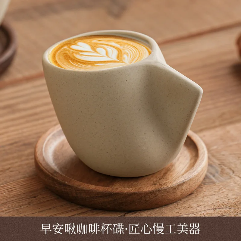 Retro Handmade Rough Clay Coffee Cup, Tea Cup, Milk Cup, Latte Art Mug With Wooden Pad For Home Teahouse Cafe