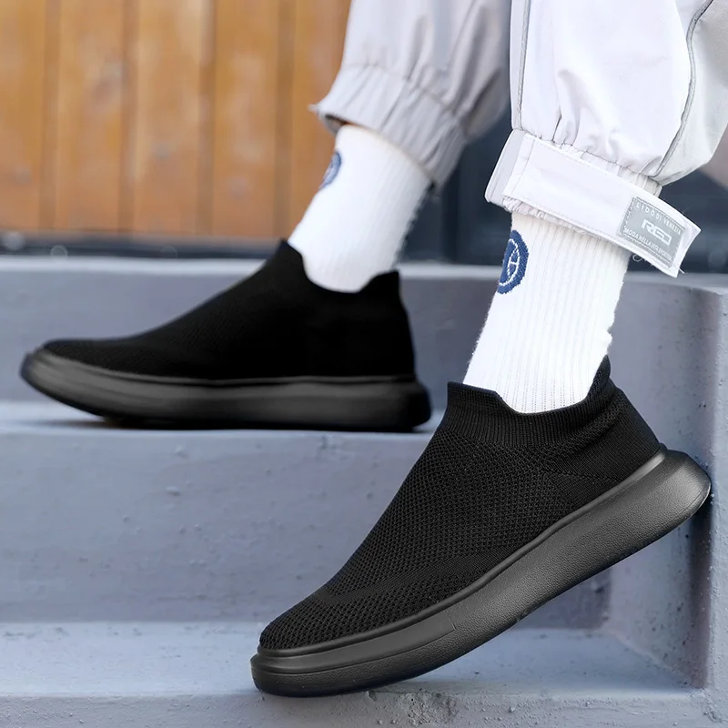 Black Winter Plush High Socks Shoes Men Slip on Sneakers Casual Sports Shoes Socks Knit Upper Breathable Female Chunky Large 46