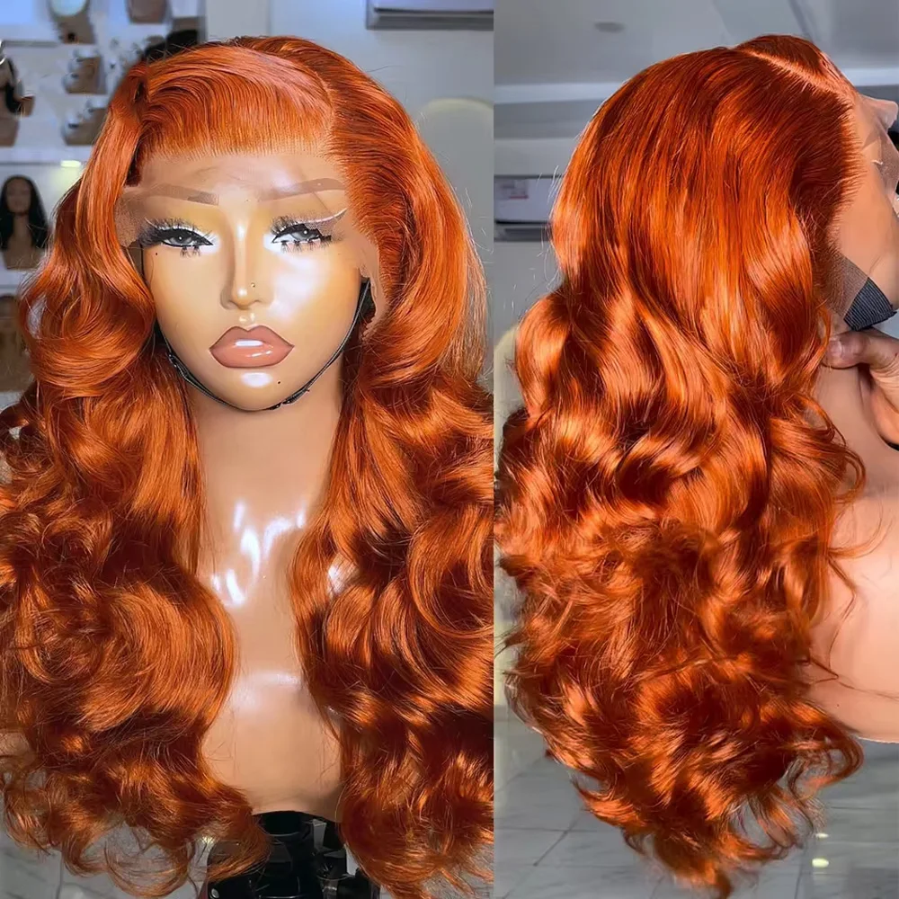 

Orange Ginger 350 Human Hair Wig Brazilian Body Wave Human Hair Wigs For Women PrePlucked 34 Inch 13x4 HD Lace Front Wig