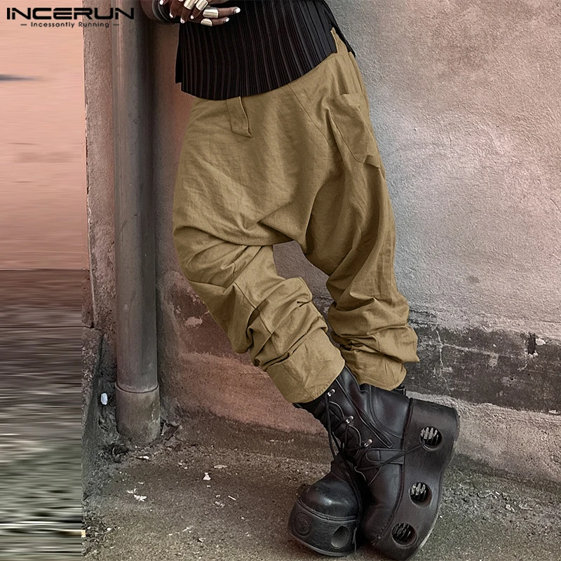 INCERUN-pantalones largos informales para hombre, moda americana, con entrepierna colgante, Color sólido, para vacaciones, sencillos y elegantes, 2024