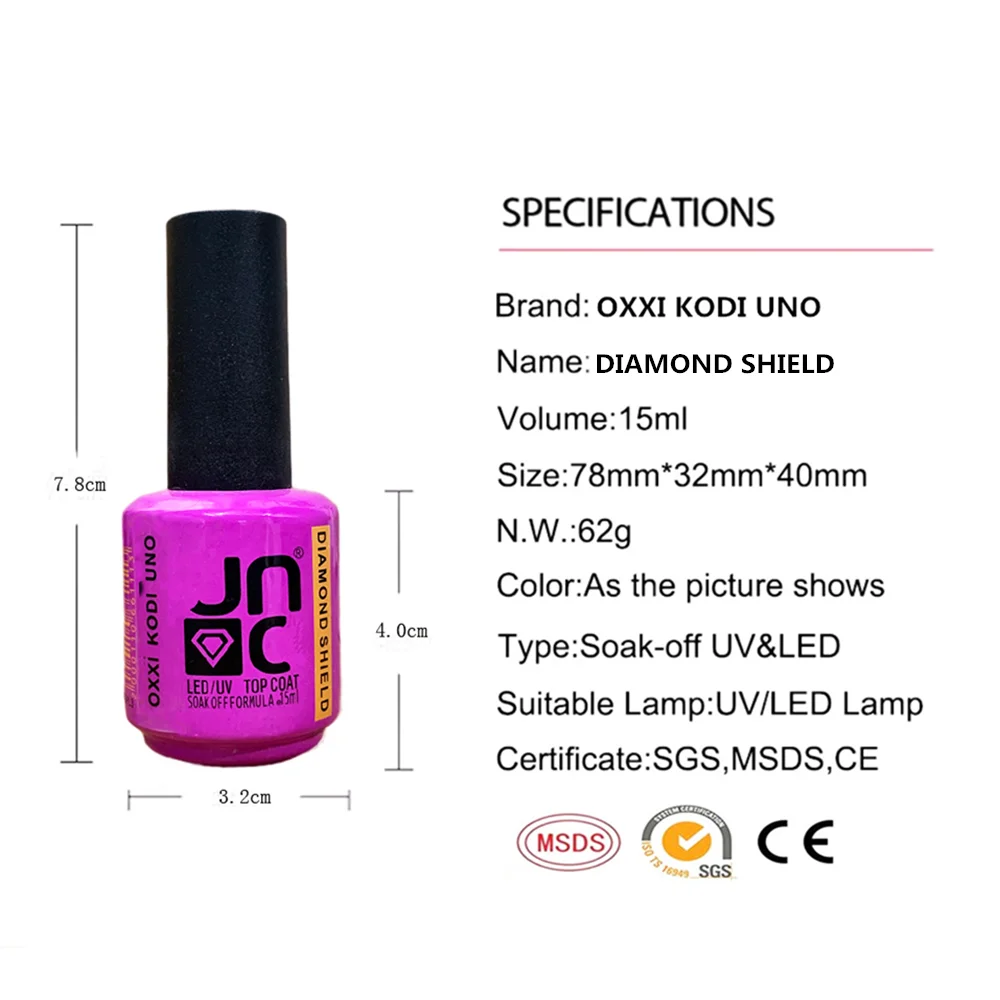 OXXI KODI UNO DIAMOND SHIELD Top Coat Nail Art Gel 15ml Soak off Base Coat without Sticky Layer No Wipe Top Coat Nail Gel