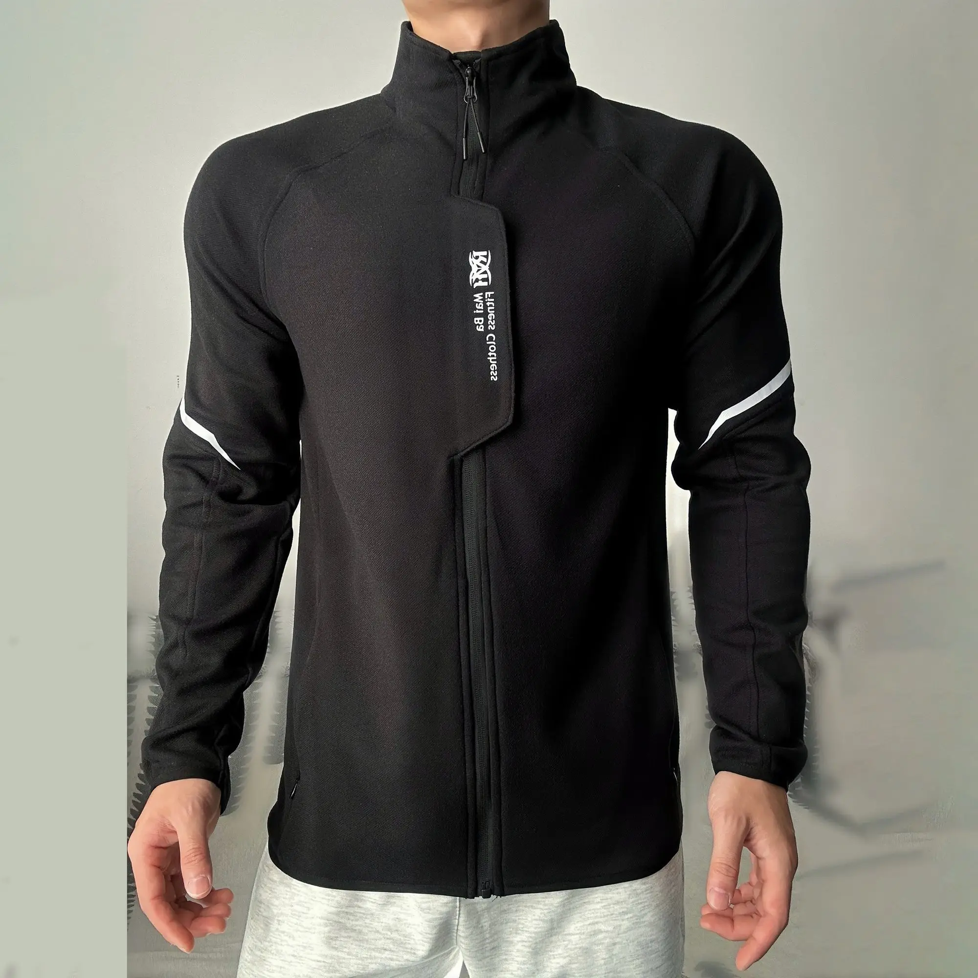 

Autumn Winter Full Zipper Outdoor Slim Stand Collar Plus Velvet Training Fitness Sports Running Jacket Base Top Men