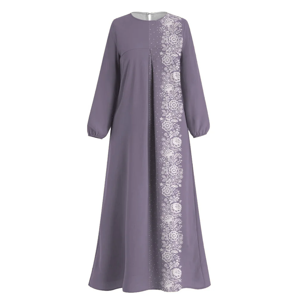 Muzułmańska islamska Femme Casual Abaya Dubai Turcja Odzież Koronkowy nadruk Długi rękaw Kaftan O-neck Lantern Rękawy Muzułmańska sukienka Abaya