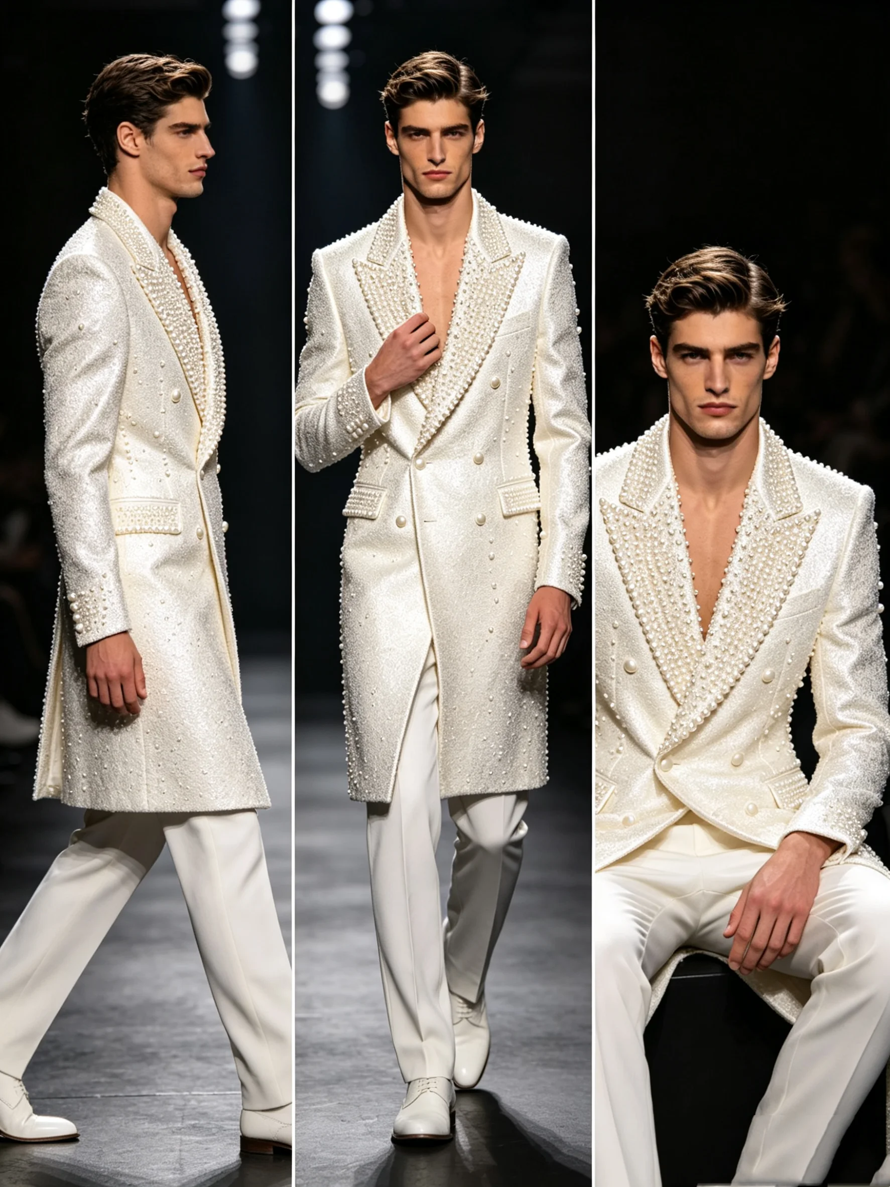 Designer Pearls Men Suit Set 2 Pcs Long Satin Blazer+Pants Trousers Customized Formal Office Jacket Wedding Tuxedos Prom Coat