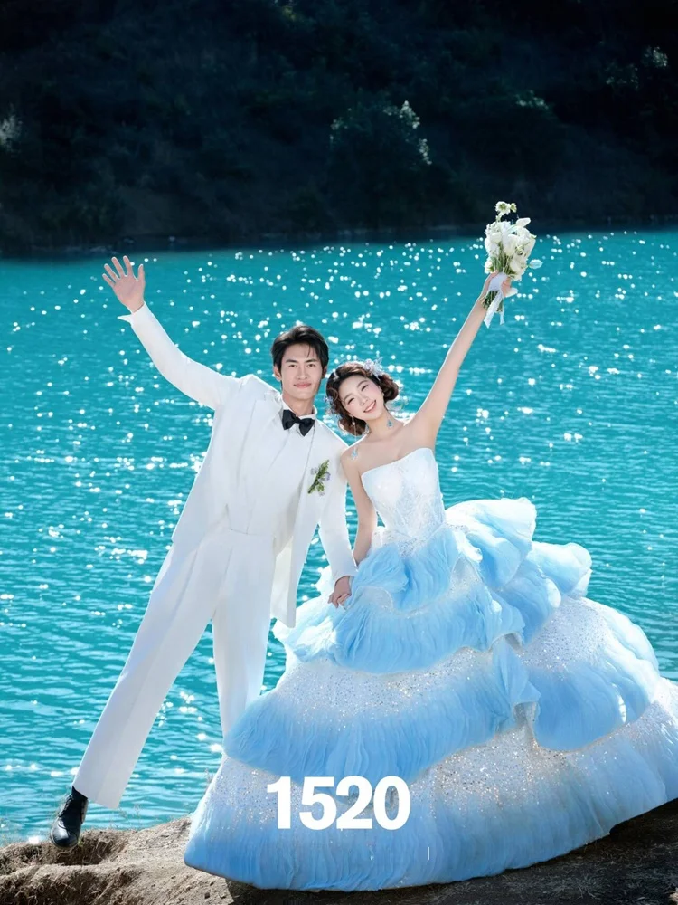 

Blue Clouds Bridesmaid Gown 2026 New Style High Waist Fluffy Skirt Wedding Dress Photography Studio Theme Off-Shoulder Dress