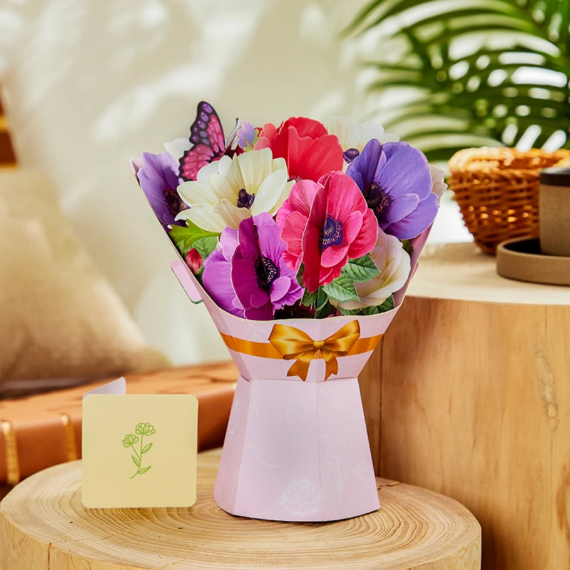 Mehrfarbige Dahlien-Blumenstrauß-Grußkarte in 3D, geeignet für Geburtstage, Jubiläen und andere Anlässe
