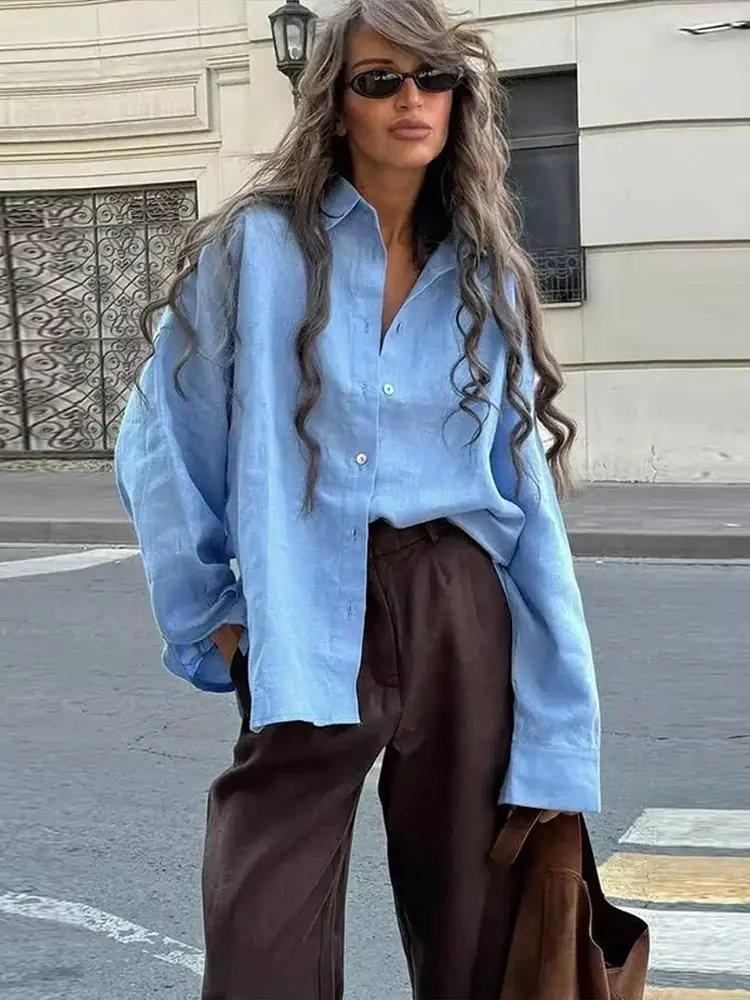 Chemise ample en coton et lin pour femmes, chemisier élégant rose surdimensionné, haut à revers à manches longues, mode printemps été