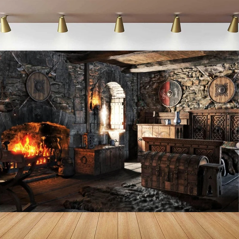 Old Medieval House Photography Backdrop For Ancient Cottage Bedroom Interior Box Fireplace Burning Fire Background Party Decor