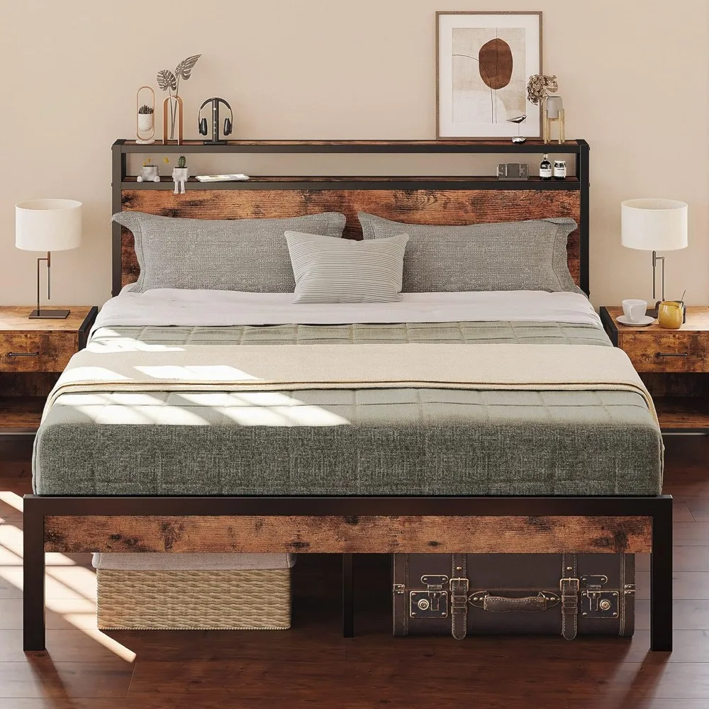 

Platform Bed Frame with 2-Tier Storage Headboard and Strong Support Legs, More Sturdy, Noise-Free, No Box Spring Needed