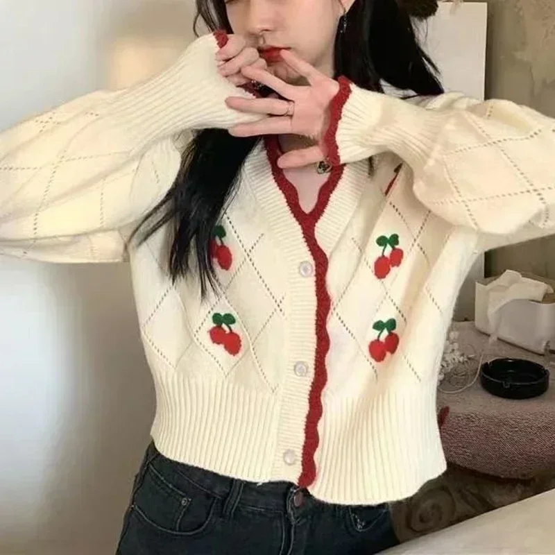 Fashion Cherry Embroidery Cute Cropped Cardigan Fall 20210 Women Clothing Black White Oversized Tops Loose Button Knit Sweater