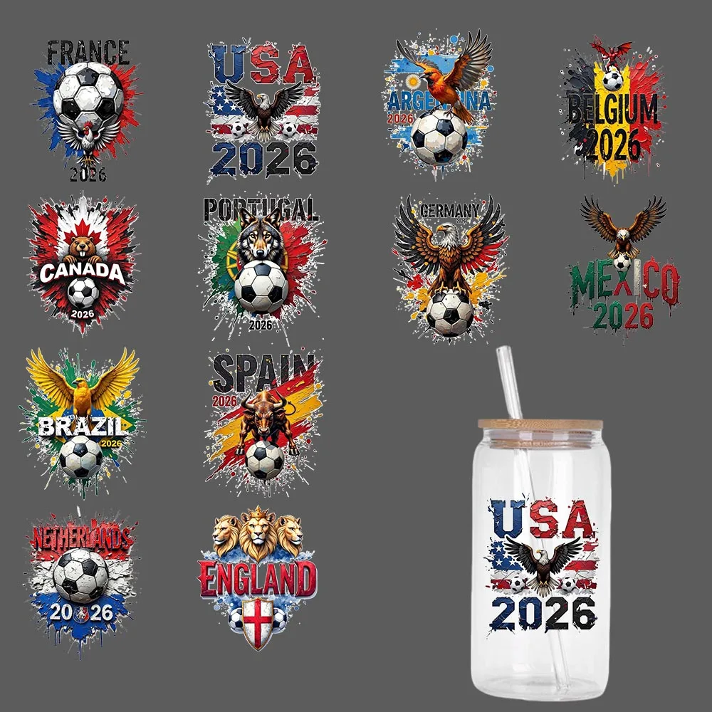 12 sheets 4 inches 2026 Football national team Party DIY Decals 3D transfers uvdtf tumbler seal stickers 16oz uv dtf cup wraps