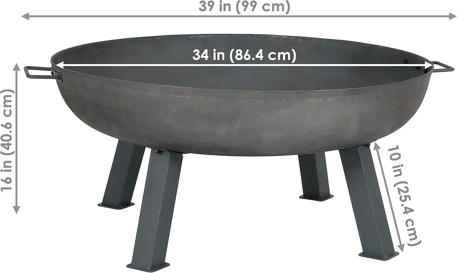 Outdoor Use, 34-inch Cast Iron Heavy-Duty Fire Pit, Gray, Wood-Burning with Handles