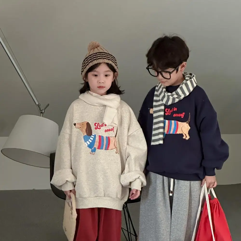 Boys Girls Plus Velvet Thick Pullover Kids Cartoon Print Warm Tops Clothes 2025 Winter New Children Fleece Sweatshirt Cotton