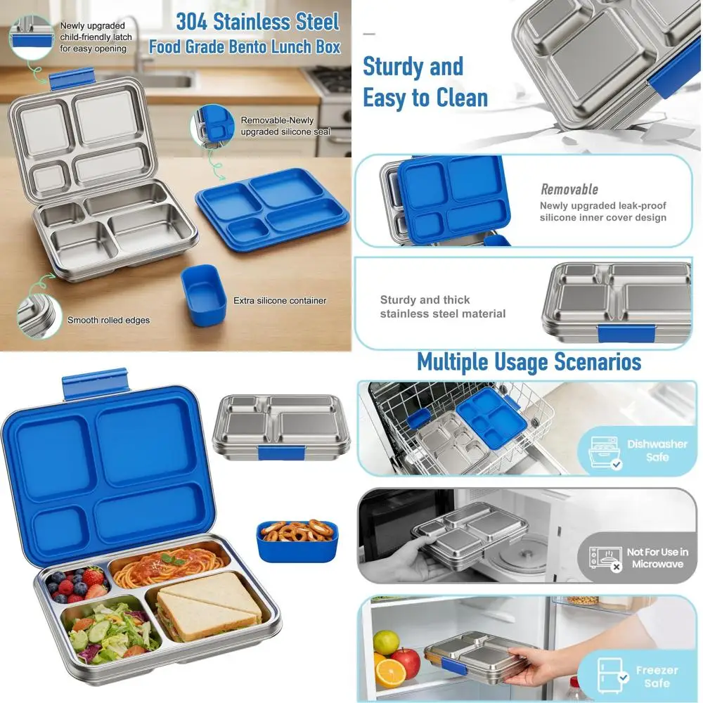 

4-Section Stainless Steel Bento Lunch Box with Silicone Containers, Child-Friendly, BPA-Free, Ideal for School and Travel (Blue)