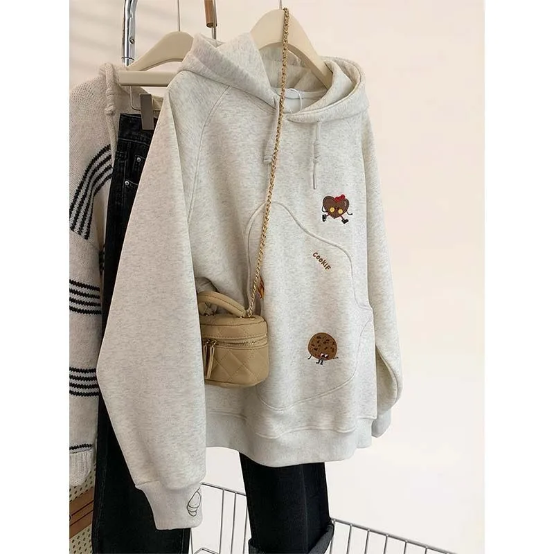 Unisex Hoodie Fleece Lined Cookie Embroidery Loose Lazy Style Pullover Hooded Sweatshirt Couple Top For Daily Casual Wear