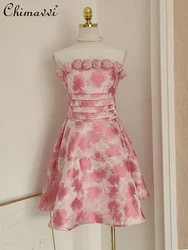 French Elegant Temperament 3D Flower Jacquard Pleated High Waist Slim A-line Sleeveless Strapless Evening Dress For Women Spring
