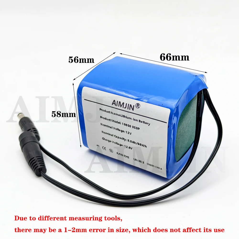 12V 8.0Ah 3S3P Battery Pack 18650 Lithium-Ion 8000mAh DC 12.6V Rechargeable Battery for Electronics