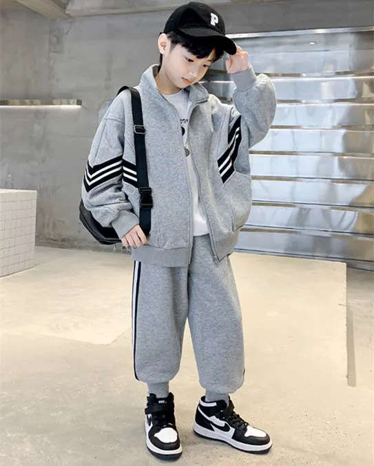 Teenager-Jungen-Bekleidungsset Kinder-Trainingsanzug Schwarz Grau Baumwolle Lose Oberteile Hosen Kinder-Outfits Jungen-Sportbekleidung 4 5 6 7 8 10 12 14 Jahre – Detail 2