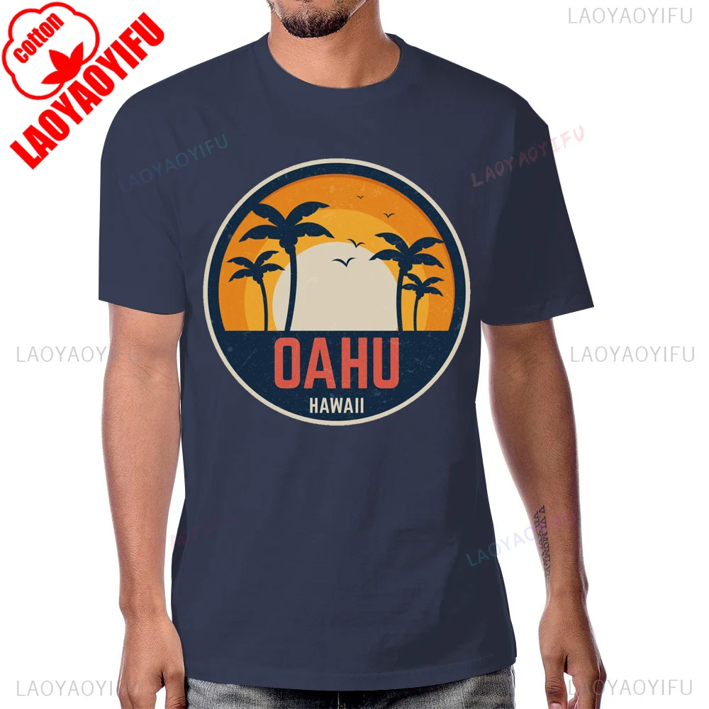 شجرة جوز الهند شاطئ الغروب OAHU هاواي تي شيرت تقليدي الصيف نمط قصير الأكمام رجل التي شيرت Harajuku التنفس الراحة القطن تيز