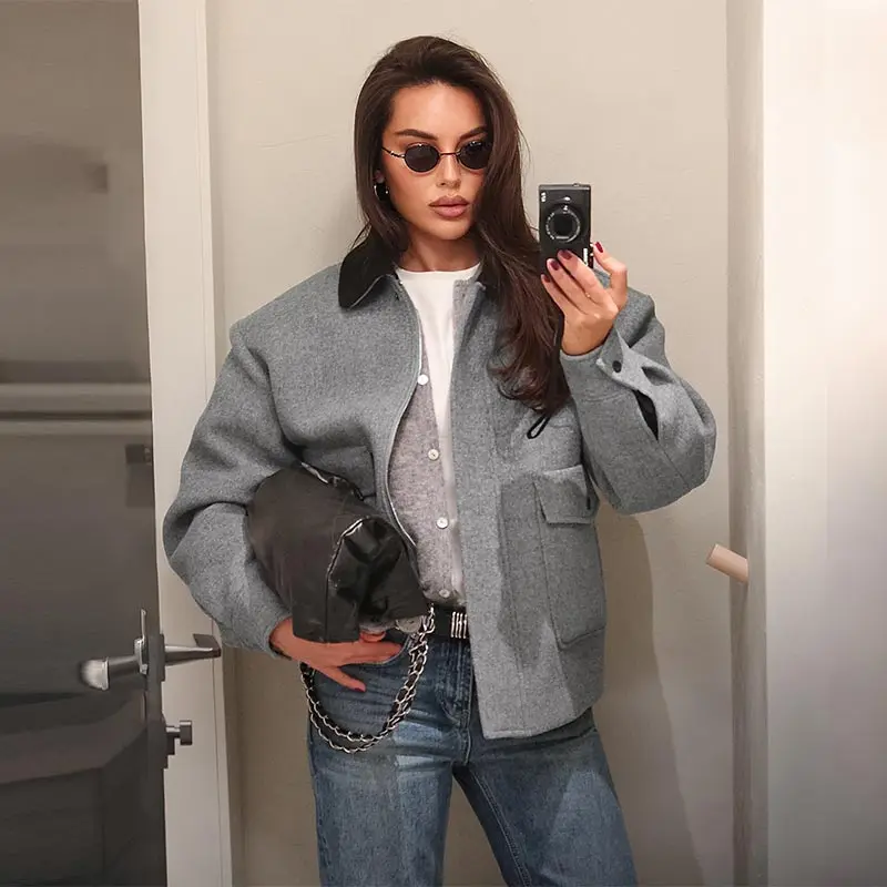 Panzerkragen, lange Ärmel, übergroße Wollmäntel für Damen, Street-Style, umklappbarer Kragen, Reißverschluss, lockere Jacken, modische Damen-Oberbekleidung, neu. – Detail 9