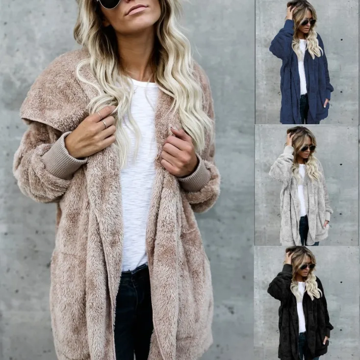 Women's Winter Female Hooded Batwing Sleeve Open Front Fleece Lined Solid Color Long Sleeve Mid Long Length Oversized Cardigan