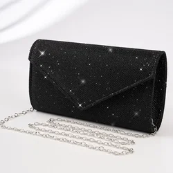 Glitter Evening Bag with Chain for Women, Long Purse, Shoulder Handbag for Phone, Female, Wedding Party, Fashion, Envelope