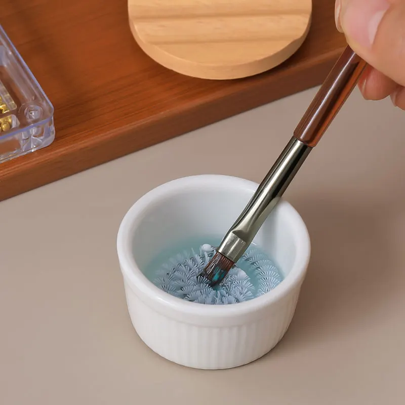 3 in 1 Ceramic Nail Brush Cleaning Cup with Wooden Lid Nail Pen Rest Dappen Dish  Built-in Nylon Brush Gel Manicure Supplies