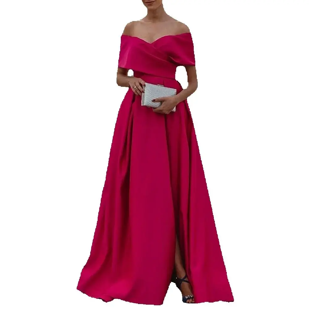 Graceful Boat Neck Evening Dresses Elegant Women Sleeveless Floor Length Sweep Train Gowns Pleat Side Split Prom Dress Vestidos