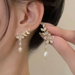 Charm Crystal Branch Flower Stud Earrings for Women Exquisite Baroque Pearl Zircon Dangle Jewelry Wedding Bride Accessories Gift