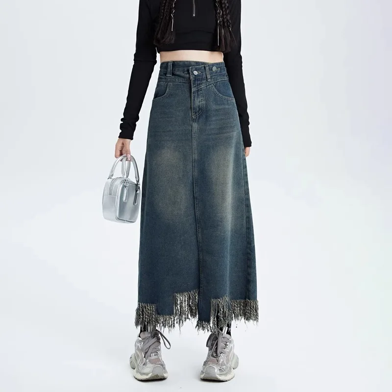 2025new Vintage High Waist Tassel Denim Skirt Women Spring Fashion Personality Slimming Small Stature Slit Raw Edge A-Line Skirt