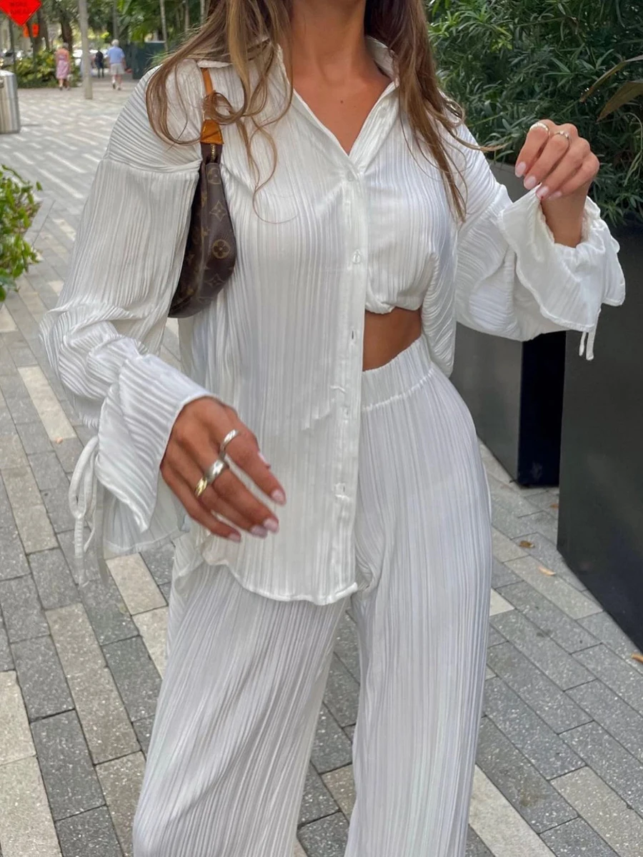 Women Pleated Pants Suits Set Casual Chic Solid Color Long Sleeve Oversized and Wide Leg Pants Trousers 2023 Elegant Tracksuit