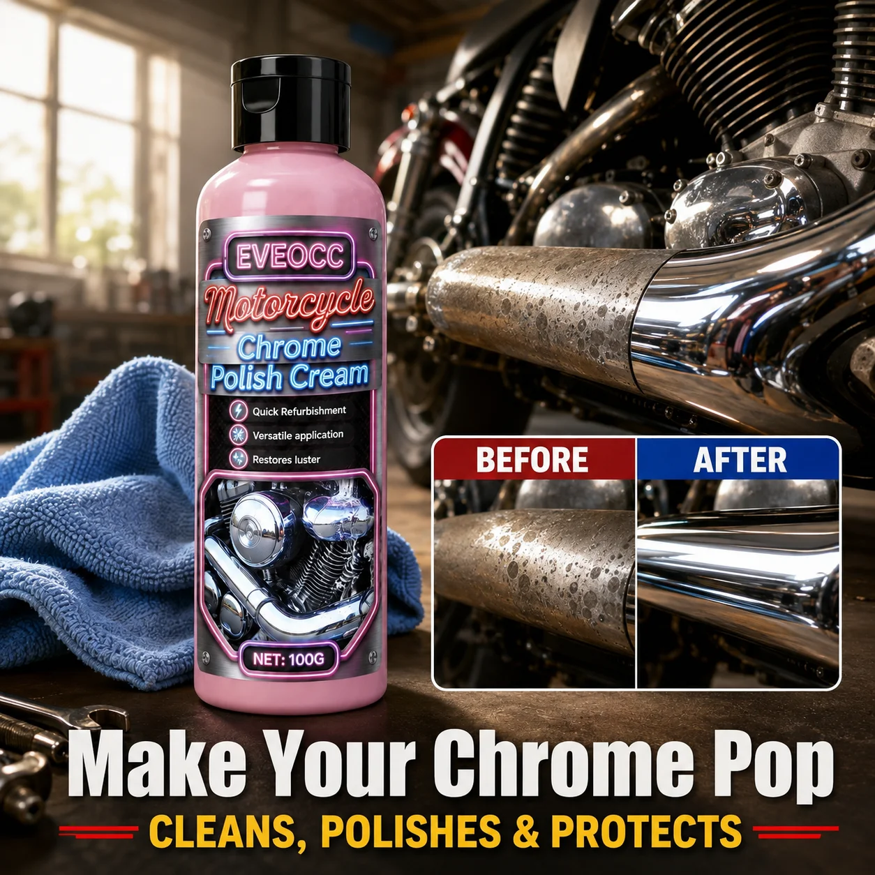 EVEOCC Motorcycle Chrome Polish Cream 100g, Quick Refurbishment Metal Polishing Paste Restores Luster for Motorbike Chrome Parts
