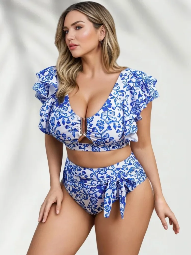 

Plus Size High Waist Bikini Women's Push Up Large Size Swimsuit 2025 Summer Mujer Big Size Tummy Control Swimwear Bikini Sets