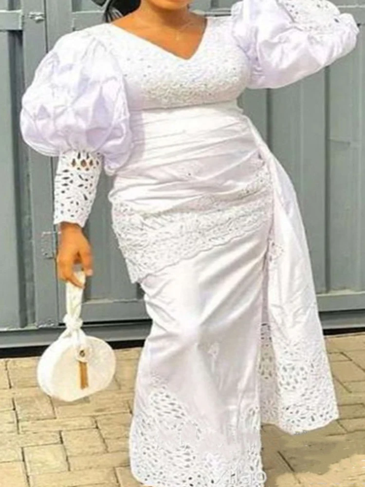 Elegantes weißes Kleid Frauen Laterne Ärmel Sexy aushöhlen Sommerkleid Abend romantische Vintage Kleider Großhandel Dropshipping